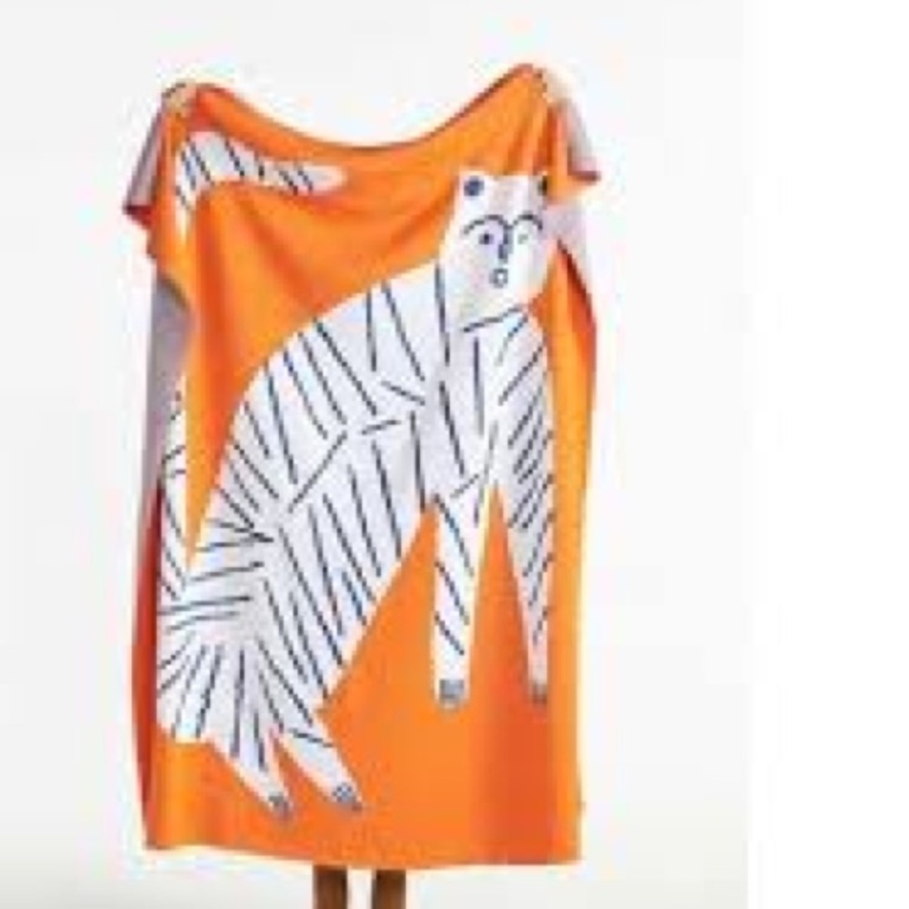 Anthropologie Marcello Velho Folksong Knit Throw Blanket Cat Orange